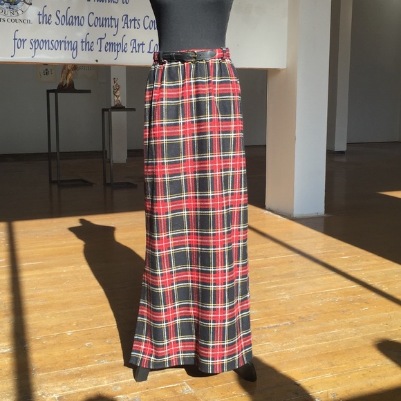 Vintage Dresses & Skirts - Extra long red, black, white and yellow plaid wool blend skirt with matc…